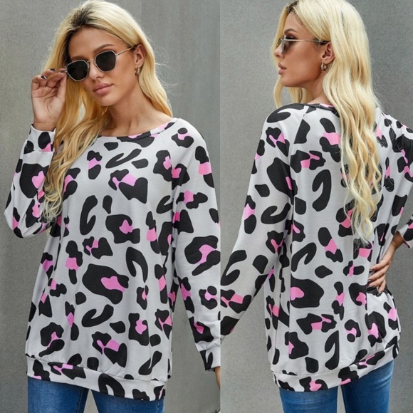 GRAY Leopard Long Sleeve Top NEW - Picture 1 of 3